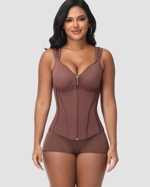 Double Compression Long Slimming Girdle Waist Trainer Zipper Vest with Bra