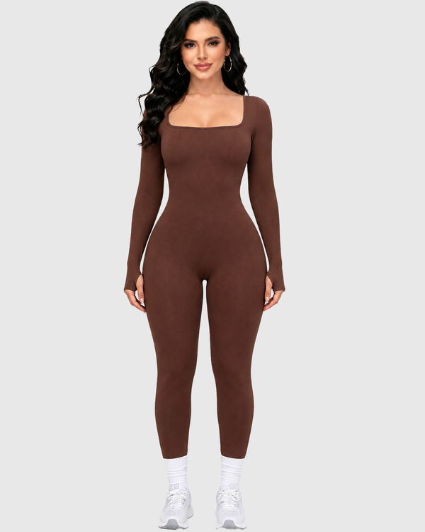 Long Sleeve Thumb Hole Tummy Control Shapewear Jumpsuit