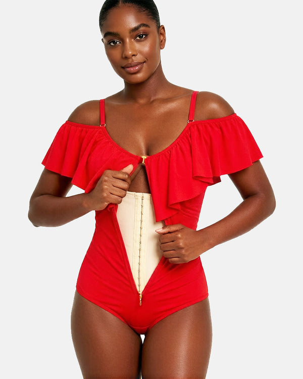 Sorelyne® Girdles Colombianas One Piece Ruffled Tummy Control Triangle Swimsuit