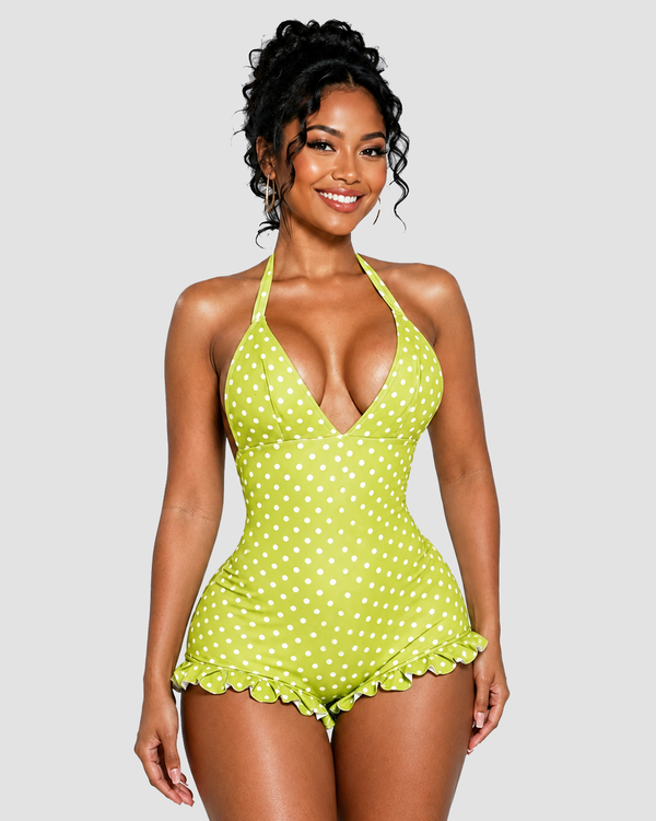 Polka Dot Halter Neck Ruffle Hem Romper Swimsuit