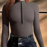 Zipper Front Long Sleeve Sexy Ribbed Triangle Bodysuit