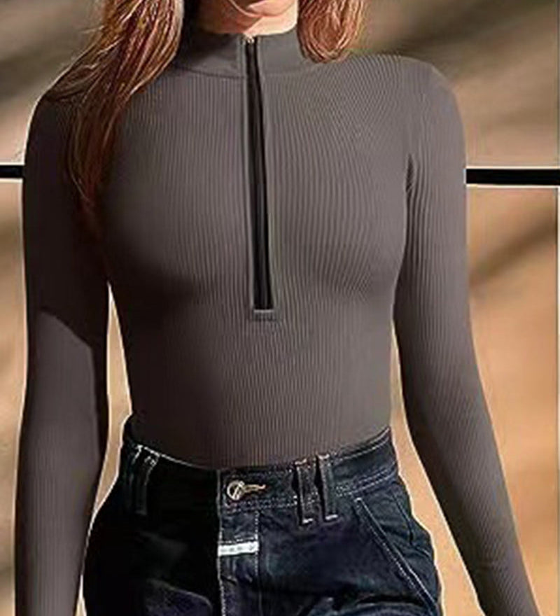 Zipper Front Long Sleeve Sexy Ribbed Triangle Bodysuit