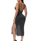 Sorelyne® Sexy Lace V Neck Metallic Sparkling Bodycon Slit Cami Midi Slip Dress