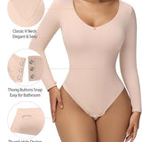 Sorelyne® Women's Long Sleeve V Neck Seamless Bodysuits Tummy Control Thong Shapewear