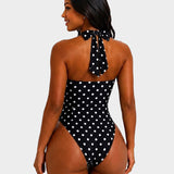 Polka Dot Halter Sweetheart Neck Ruched Back Bow Tie High Leg One-piece Swimsuit