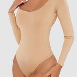 Women's Seamless Square Neck Long Sleeve Bodysuits Sculpting Thong Bottoming Shirt Body Shaper