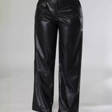 PU Leather Loose Wide-leg Pocket Casual Leather Pants