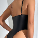 Sexy High Cut Pu Leather Solid Underwire Thong Cami Bodysuit