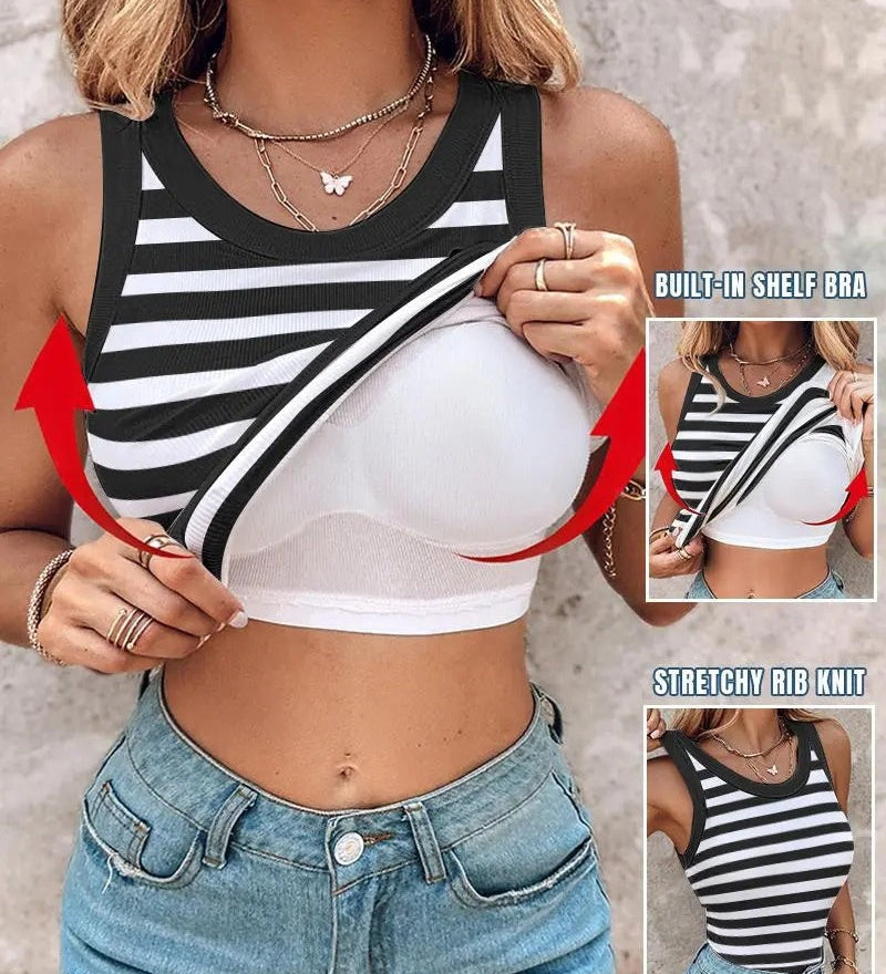 Round Neck Ribbed Tank Top Built In with Bra Padded