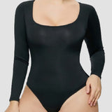 Women's Seamless Square Neck Long Sleeve Bodysuits Sculpting Thong Bottoming Shirt Body Shaper