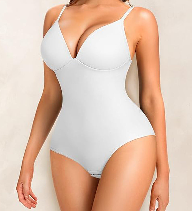 Deep V-Neck Smooth Tummy Control Bodysuits Shapewear with Built in Bra