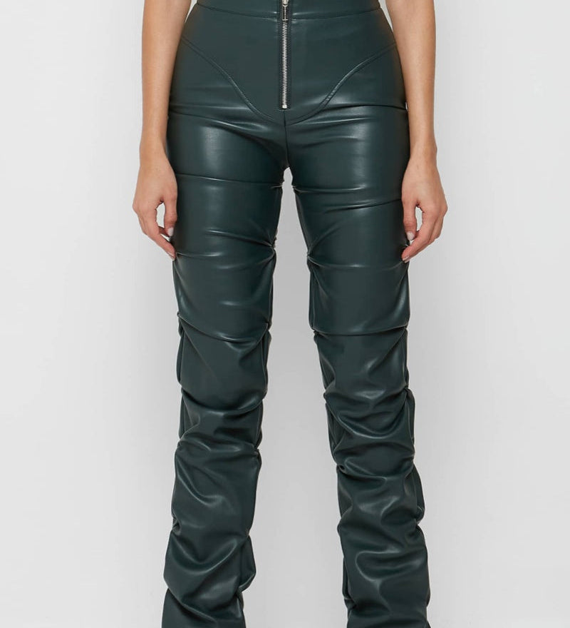 PU Leather Personalized Pleated Flared Pants