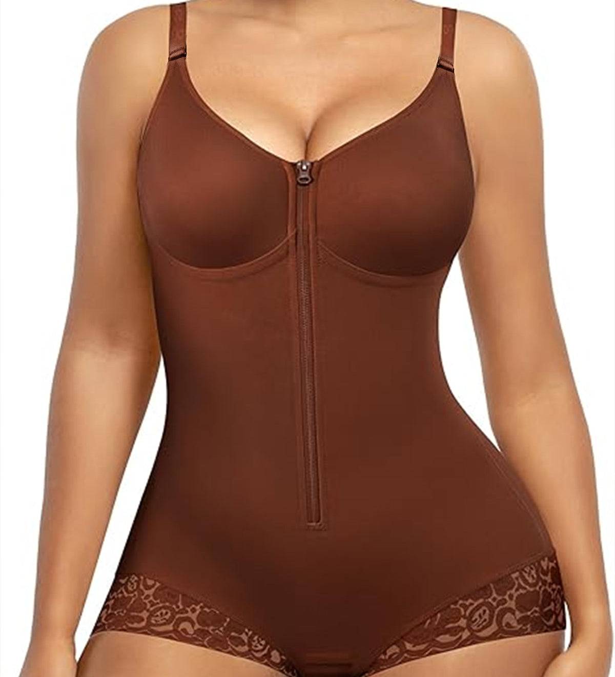 Lace-trimmed Tummy Control Zipper Shapewear Bodysuit