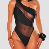 Sexy Off Shoulder Transparent Mesh Panel One Piece Swimsuit