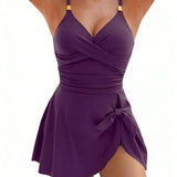 V Neck Cross Ruched One Piece Swimsuit Tummy Control Swim Dresses