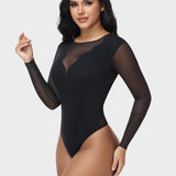 Sheer Mesh Long Sleeve Tummy Control Thong Shaping Bodysuit