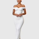 Off Shoulder Ruched Bust Bodycon Maxi Dress with Back Slit