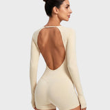 Round Neck Long Sleeve Open Back Tight Fit Workout Romper