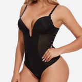 Sexy Plunge Neck Backless Mesh Panel Shapewear Thong Bodysuit