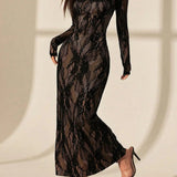 Square Neck Long Sleeve Lace Bodycon Maxi Dress