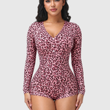 Leopard Print V Neck Front Button Long Sleeve Short Bodysuit