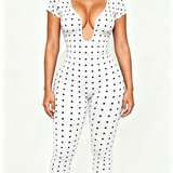 Short Sleeve Plunge Neck Bodycon Capri Jumpsuit with Back Zipper
