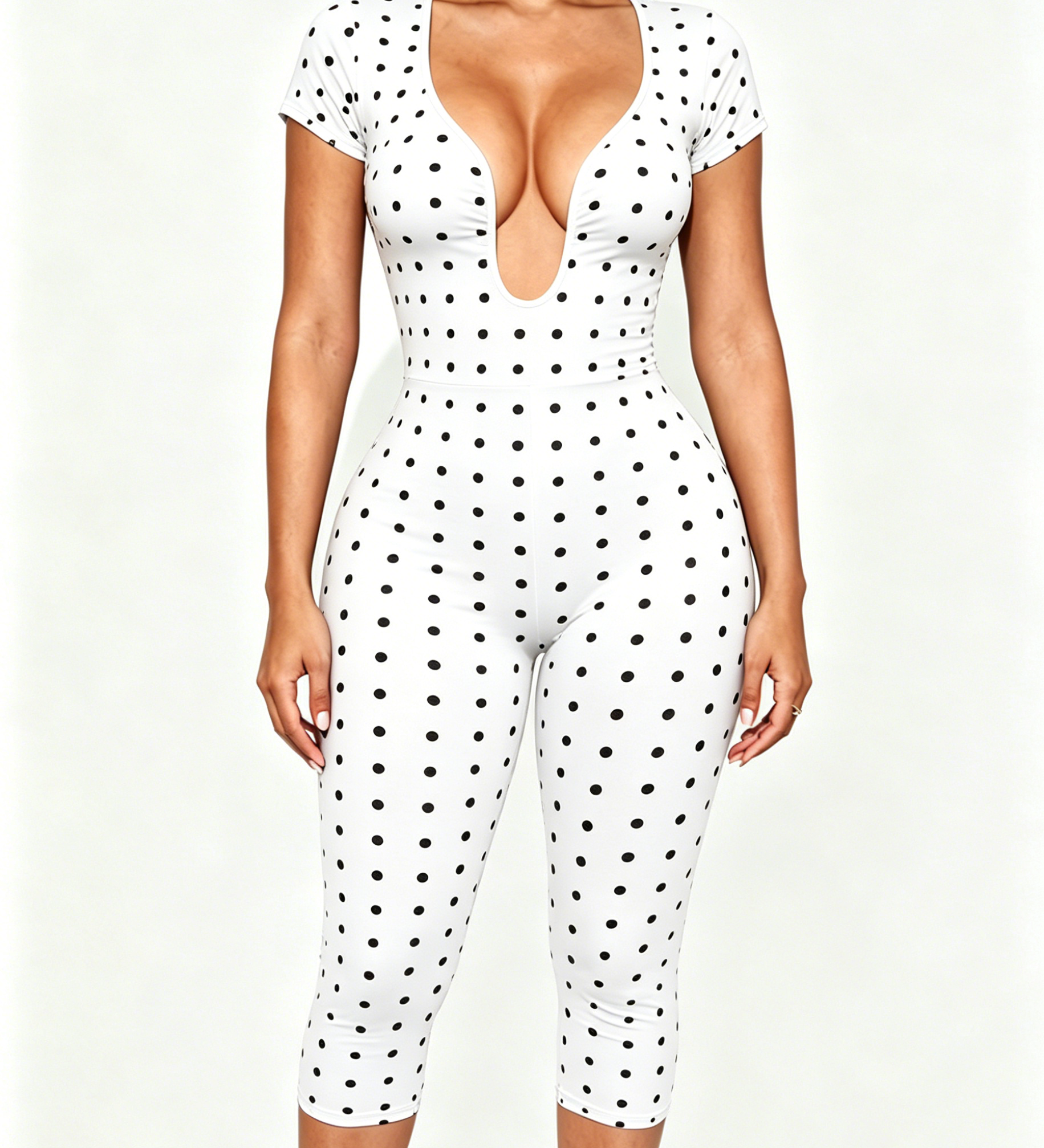 Short Sleeve Plunge Neck Bodycon Capri Jumpsuit with Back Zipper