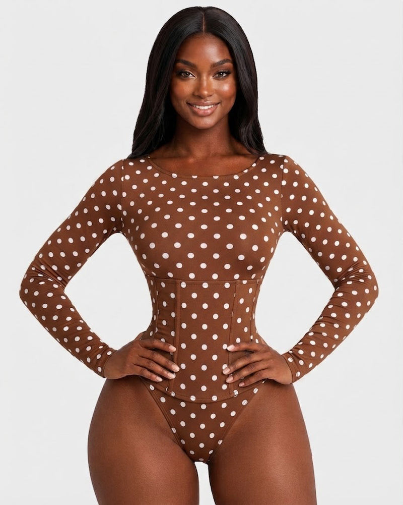 Polka Dot Scoop Neck Long Sleeve Bodysuit Detachable Corset Two Piece Set