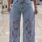 Sorelyne® Cut out Floral Denim with Lace Wide Leg Jeans for Women
