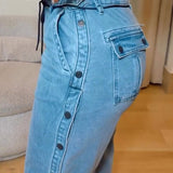 Sorelyne® Straight Leg Wide Legs High Waist Baggy Side Snap Button Jeans
