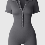 Ribbed Polo Collar Half Snap Front Short Sleeve Bodycon Romper