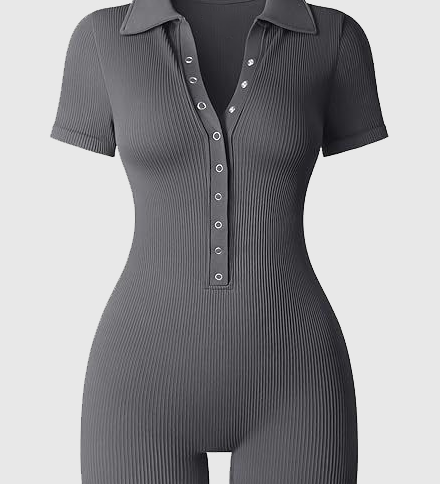 Ribbed Polo Collar Half Snap Front Short Sleeve Bodycon Romper