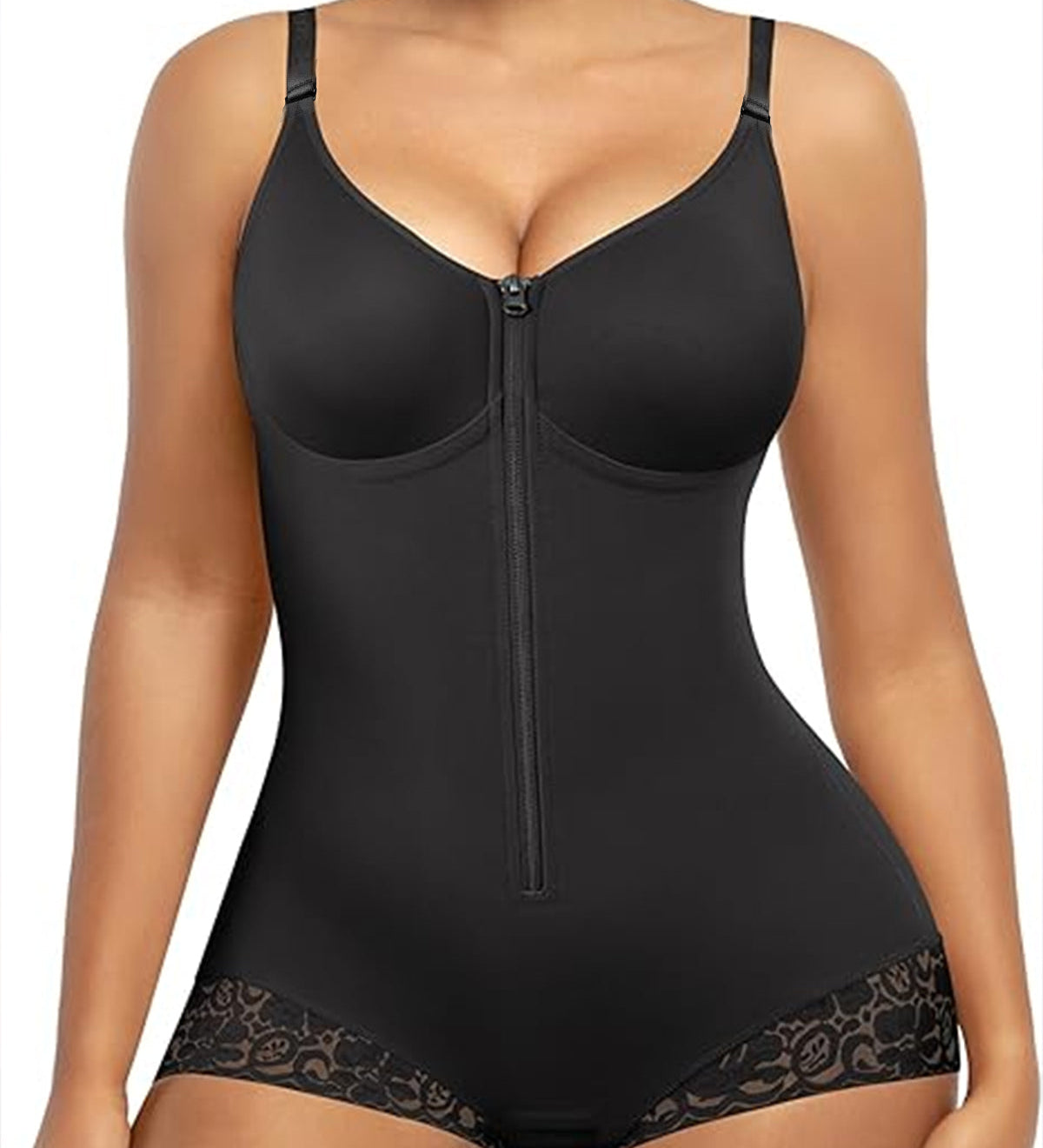 Lace-trimmed Tummy Control Zipper Shapewear Bodysuit