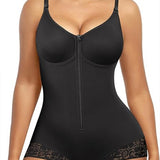 Lace-trimmed Tummy Control Zipper Shapewear Bodysuit