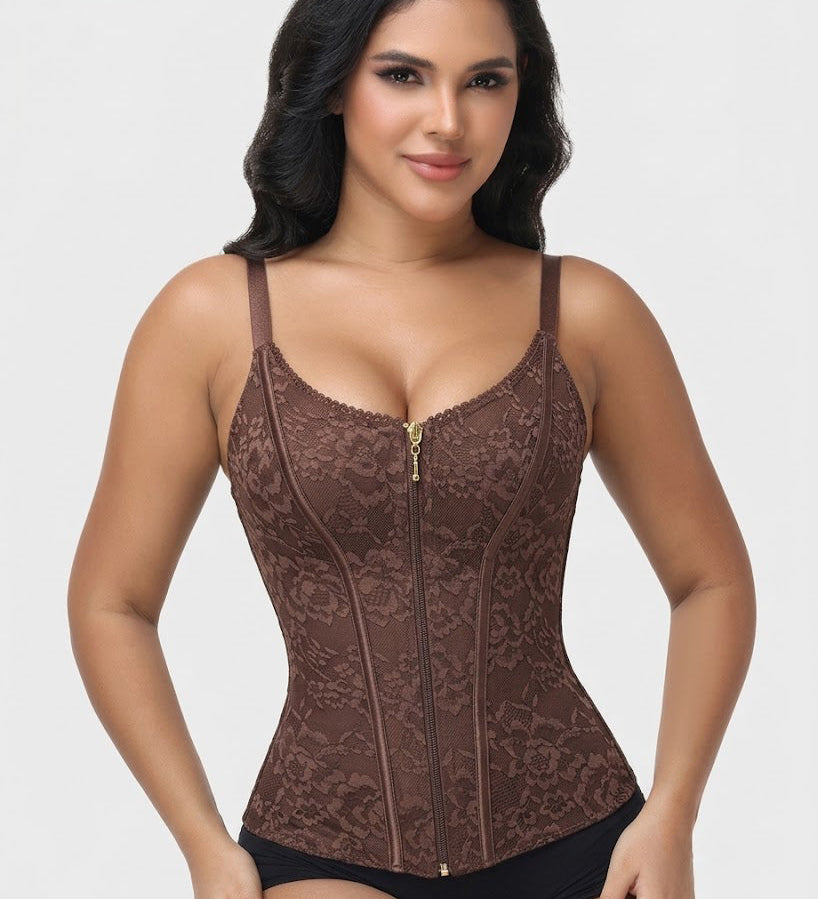 V Neck Full Lace Adjustable Strap Zipper Waist Trainer Girdle Vest