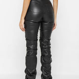 PU Leather Personalized Pleated Flared Pants