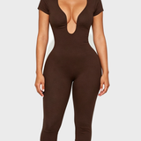 Short Sleeve Plunge Neck Bodycon Capri Jumpsuit with Back Zipper