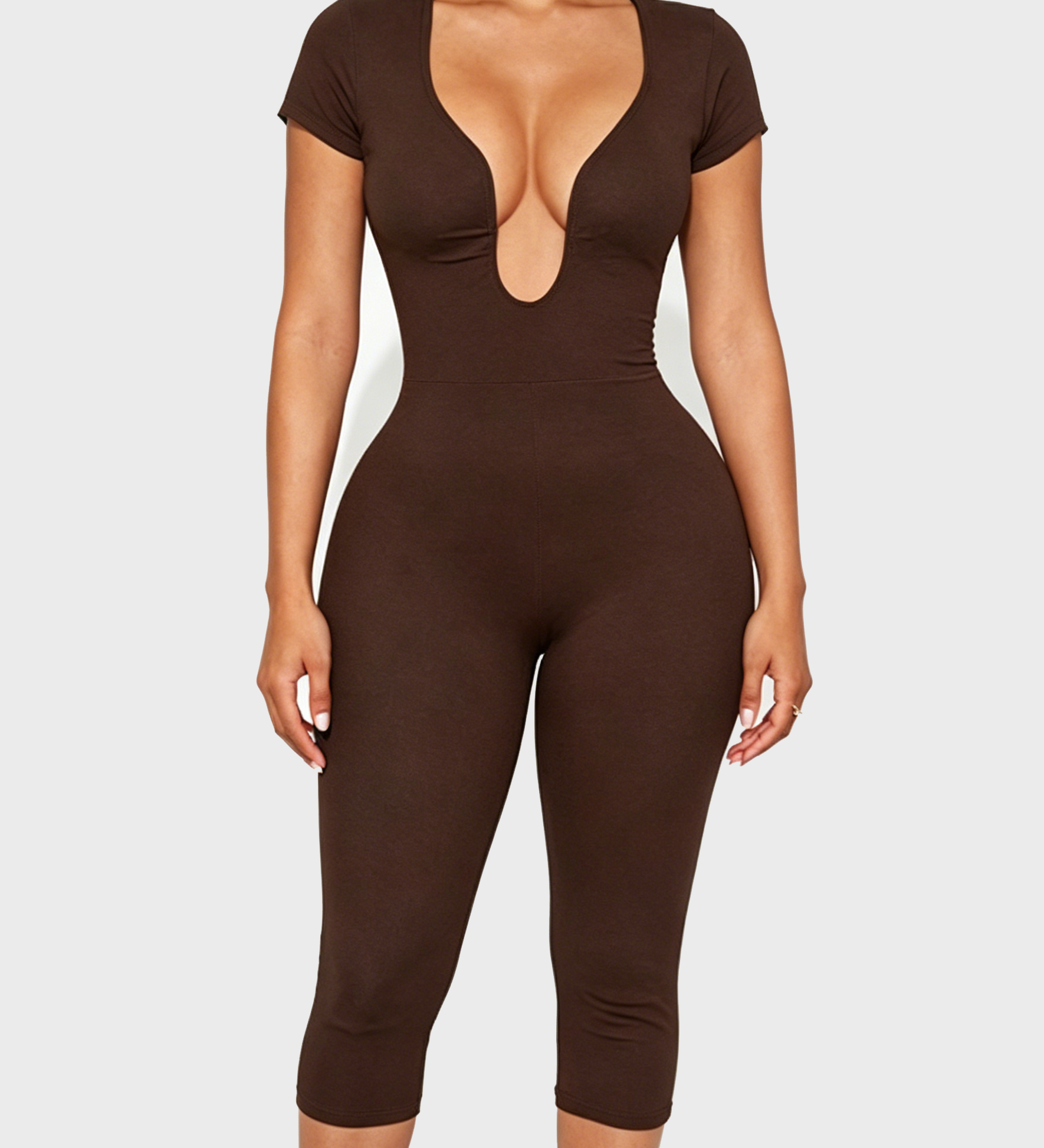 Short Sleeve Plunge Neck Bodycon Capri Jumpsuit with Back Zipper