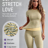 Striped Crew Neck Short Sleeve Crop Top Capri Leggings Two Piece Set