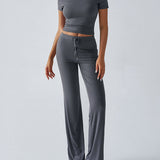 Essential Two-Piece Active Set ropped Short Sleeve Top Drawstring Flare Pants