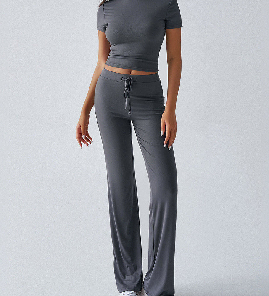 Essential Two-Piece Active Set ropped Short Sleeve Top Drawstring Flare Pants
