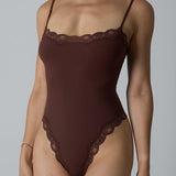 Spaghetti Strap Triangle Shapewear Bodysuit with Lace Trim