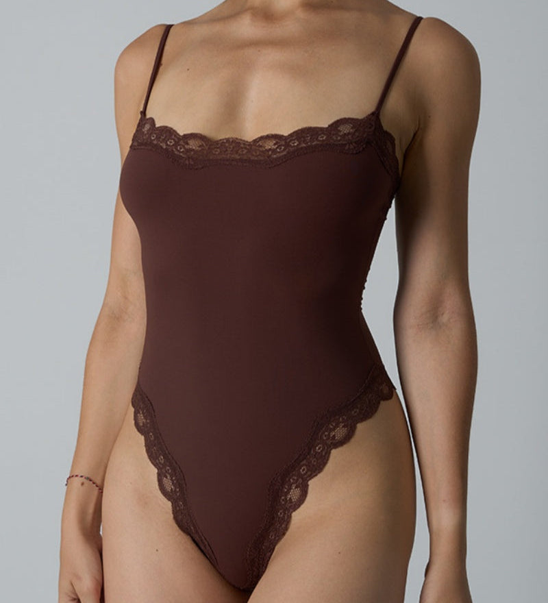 Spaghetti Strap Triangle Shapewear Bodysuit with Lace Trim