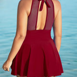 Large Size Halter Neck Mesh Panel Tummy Control Swimsuit with Side Bow