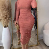 Elegant Mesh Paneled Ruched Bodycon Midi Dress with Mock Neck