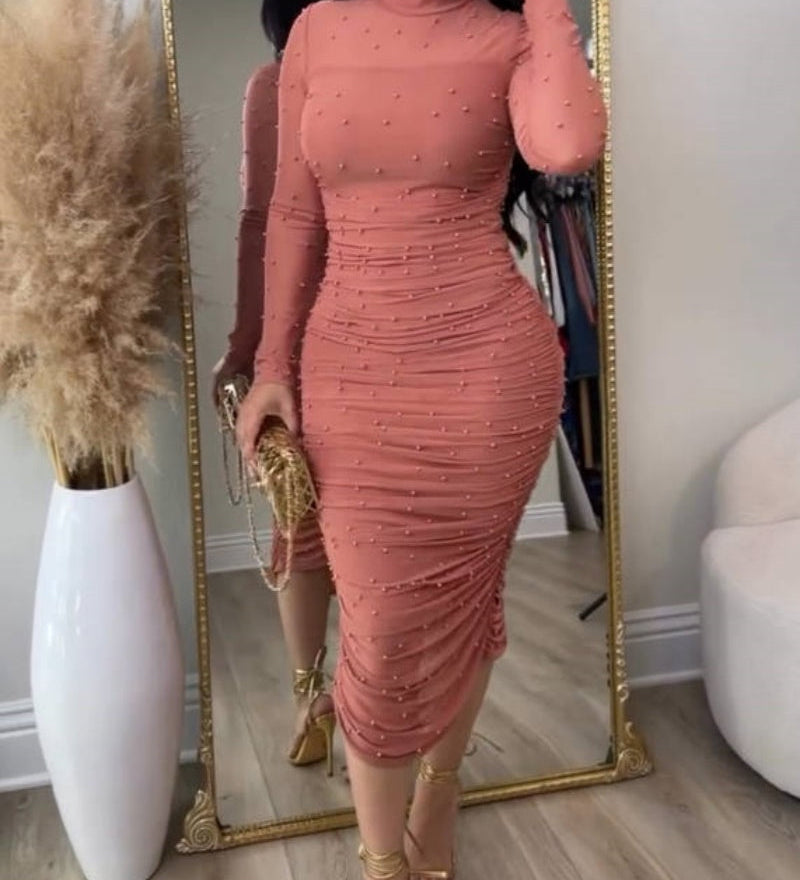 Elegant Mesh Paneled Ruched Bodycon Midi Dress with Mock Neck