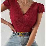 Sexy Deep V Neck Lace Short Sleeve Bodysuit One Piece Slim Fit Body Shaper
