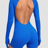 Round Neck Long Sleeve Open Back Tight Fit Workout Romper