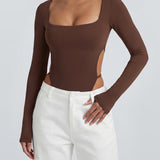Square Neck Long Sleeve Backless Thong Slim Fit Bodysuit