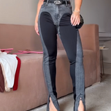 High Waist Contrast Color Skinny Jeans with Front Slit